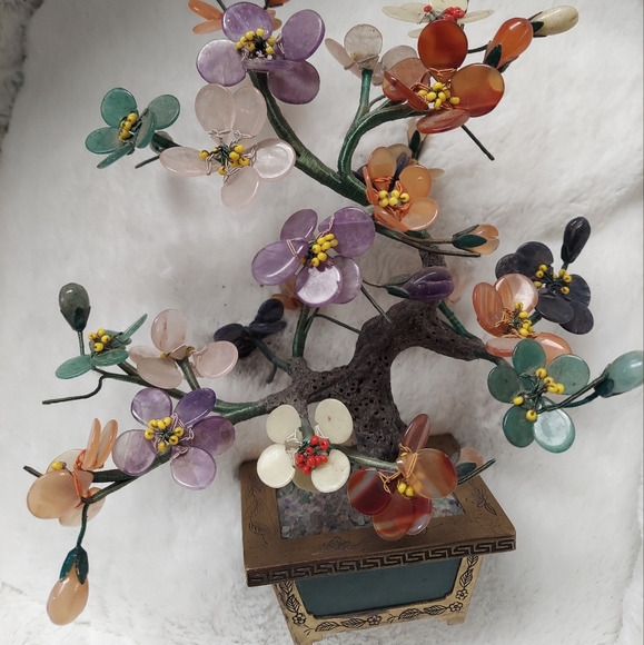 Chinese vintage gemstone tree  jade pot 50s60s  jade amethyst agate rose quartz - Picture 3 of 4